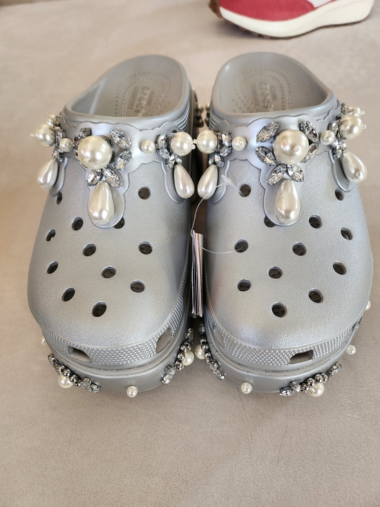 CROCS Shoes - CROCS Silver Jeweled Pearl-Embellished Clog Sandals
